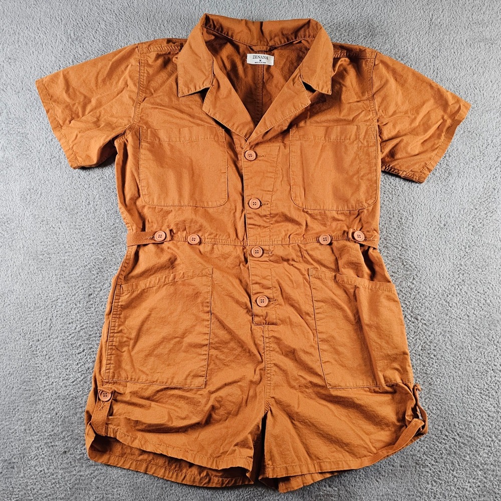 Zenana Womens Burnt Orange Cotton Button‎ Front Utility Romper Medium